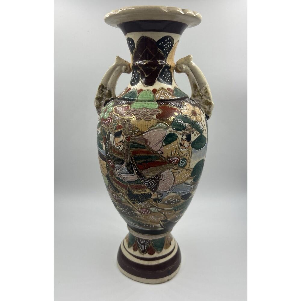 VTG Japanese Vase Hand Painted Pottery Samurai Home Deco Art Porcelin
